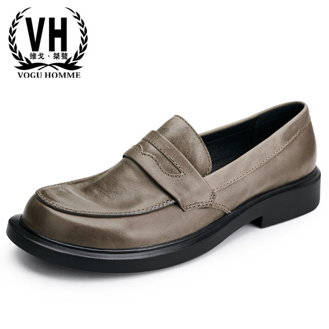 plus size Square Head Men's Leather Shoe Top Layer Cowhide Cover Foot Business Casual Small Leather Shoes Big Round Head Leather Breathable Shoes