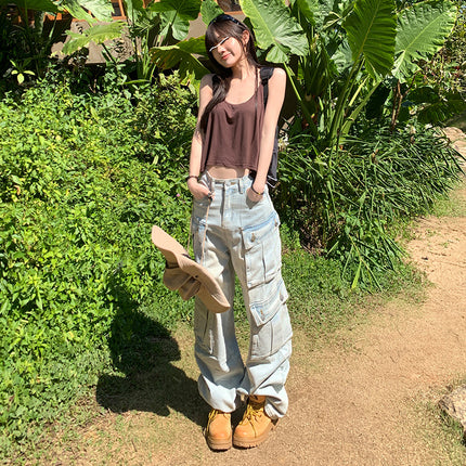 Multi-pocket Denim overalls women's 2025 spring and autumn new straight tube loose high waist drape slim mop pants