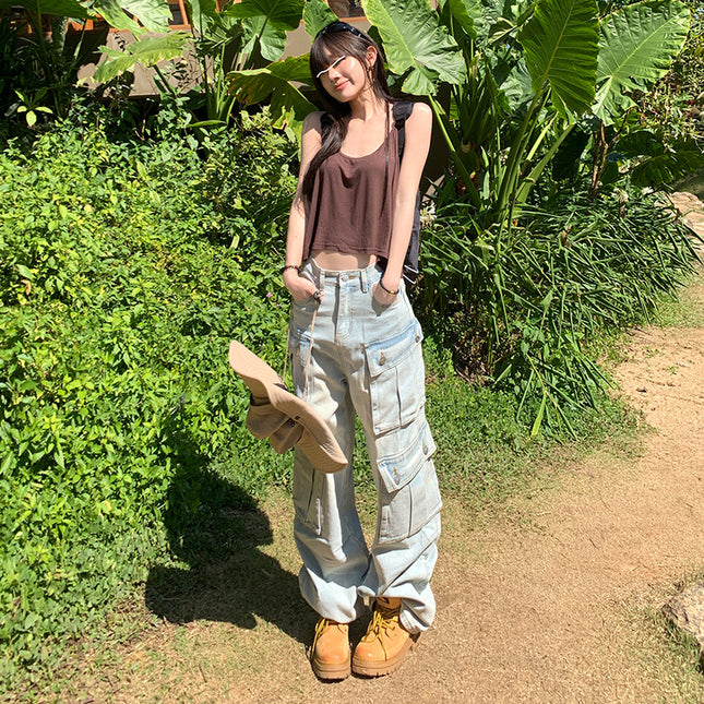 Multi-pocket Denim overalls women's 2025 spring and autumn new straight tube loose high waist drape slim mop pants