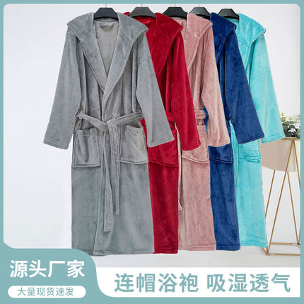 New autumn and winter plain hooded bathrobe flannel home casual nightgown extended thick couple bathrobe wholesale