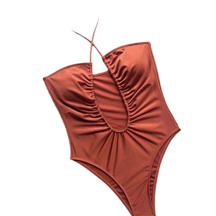 2023 new European and American cross-border solid color bikini strap bikini personality backless sexy one-piece swimsuit women