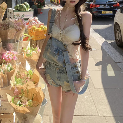 Hot Girl Retro Versatile Washed Denim Overalls Shorts Women's Summer American Design Ripped Jumpsuit Hot Pants