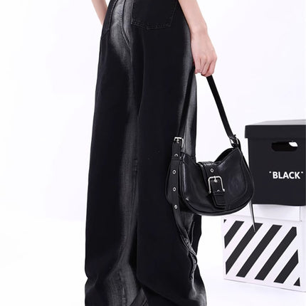Black and Gray Gradient Cuffed Jeans for Women, Autumn 2025 New Slimming Drape Straight-Leg Floor-Length Pants