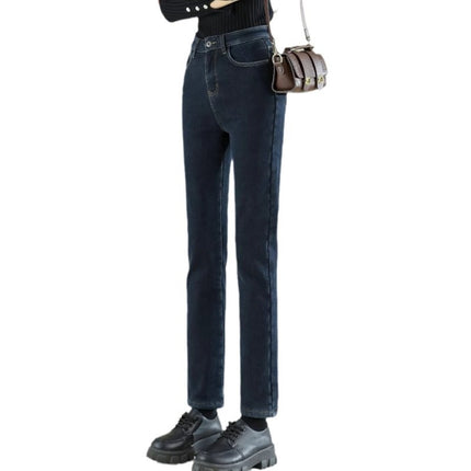 fleece-lined Thickened High Waist Wide Leg Jeans Women's Autumn and Winter Fashion All-match New Loose Narrow Edition Straight Pipe Trousers