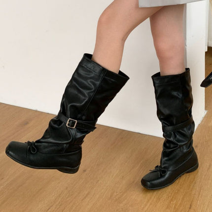 Sheepskin Version ~2025 New Personalized Ballet Style Genuine Leather Boots for Women with Bow Belt Buckle Pleated Work Boots