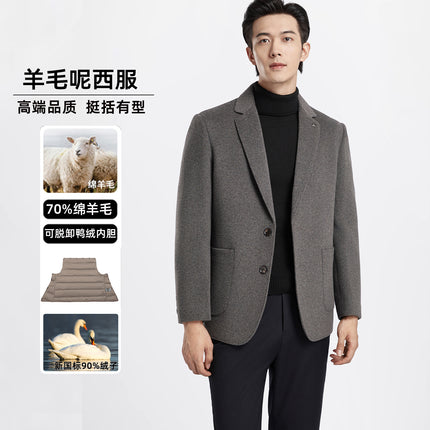 Men's Business Casual Suit Jacket Autumn and Winter Classy Thickeneded Removable down Double-Sided Woolen Outwear