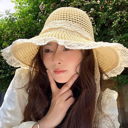 [Great Value] French Style Socialite Flat Top Hat 2025 New Summer Elegant Pearl String Sunshade Woven Straw Hat
