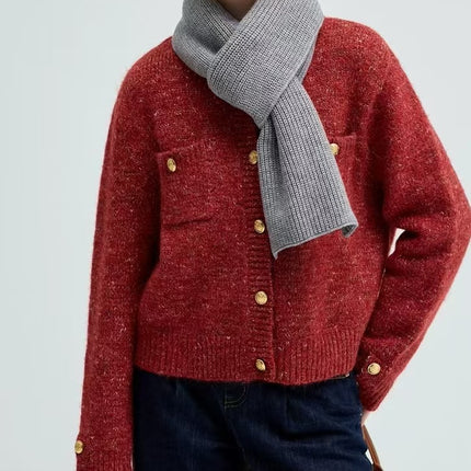 VEG CHAN Red Sweater Women's Autumn and Winter 2024 New Style Chanel Knitted Cardigan Jacket with Sheep Wool