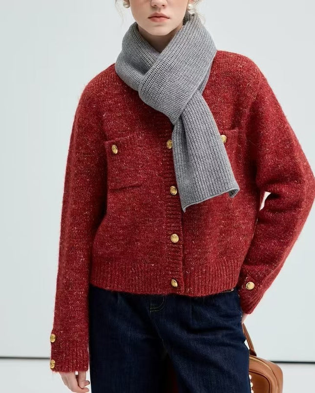 VEG CHAN Red Sweater Women's Autumn and Winter 2024 New Style Chanel Knitted Cardigan Jacket with Sheep Wool