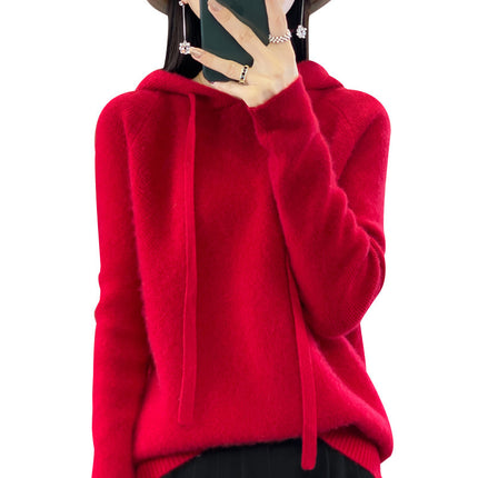 First-line clothing pure wool 2025 spring new women's short solid color hoodie pullover base sweater sweater