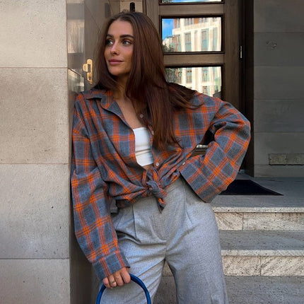 2024 Spring and Autumn Amazon OZON Cross-border Retro Style All-match Loose Shirt * Fashion All-match Plaid Shirt Women