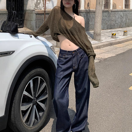Denim Blue American Loose Wide-Leg Pants for Women 2025 Summer and Autum Thin Draped Floor-Length Casual Jeans for Women