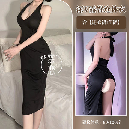 French Sexy Nightgown for Party, Deep V Breast-Revealing Dress, Sexy Pure Lust Red Nightgown, Bare Buttocks Sexy Intimates for Women