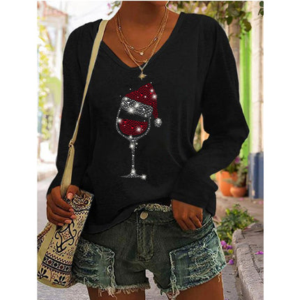 2023 European and American Amazon independent station wish autumn and winter new hot selling women's printed V-neck long sleeve loose T-shirt for women