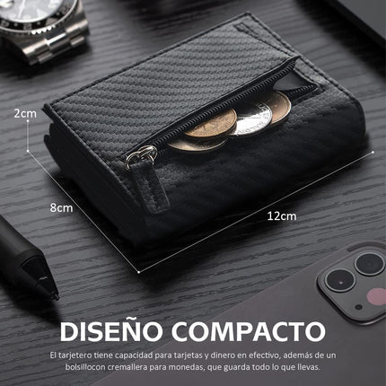Factory wholesale anti-theft brush rfid carbon fiber tri-fold wallet men's aluminum alloy credit card box automatic card holder