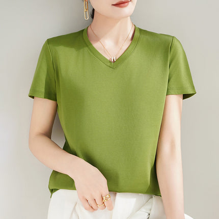 100 mercerized cotton short-sleeved T-shirt women's 2025 summer new V-neck cotton pullover vest cool feeling ice silk base