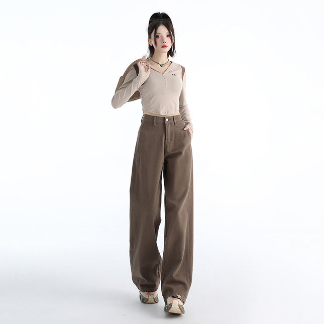 Attention Moment Brown brown Retro Jeans Women's Autumn and Winter High Waist Loose All-match Slimming Straight Pants