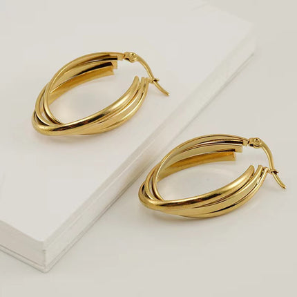 Explosions plated 18K gold color smooth round oval three earrings fashion Europe and the United States popular wedding jewelry