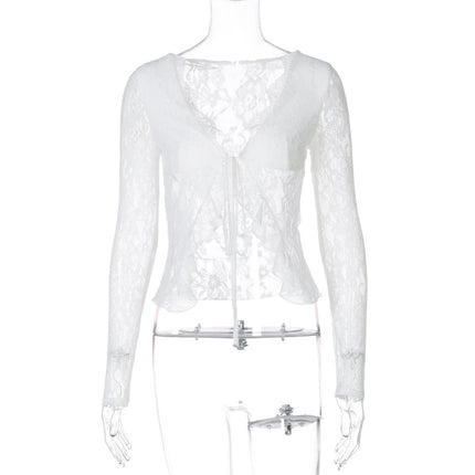 European and American Style Cross-Border Women's Lace Splicing Lace-Up Cardigan See-Through Fashion Party Sexy Slim Top for Women