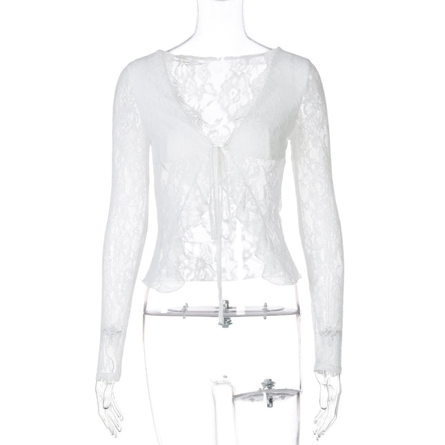 European and American Style Cross-Border Women's Lace Splicing Lace-Up Cardigan See-Through Fashion Party Sexy Slim Top for Women