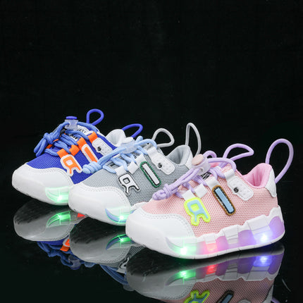 2022 spring and autumn mesh sports shoes with lights children's shoes breathable casual boys and girls letters baby children's shoes in stock