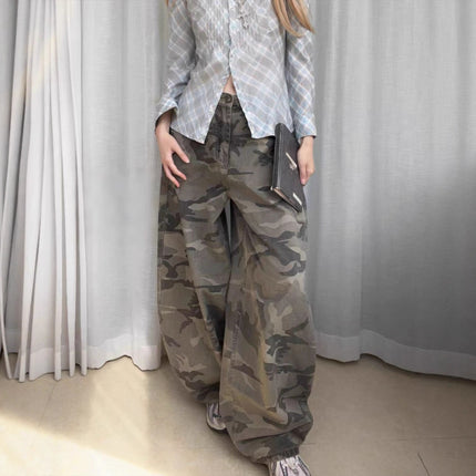 Fansiyu 2025 Summer New American Retro Camouflage Work Jeans Women's High-Waisted Loose Wide-Leg Floor-Length Pants