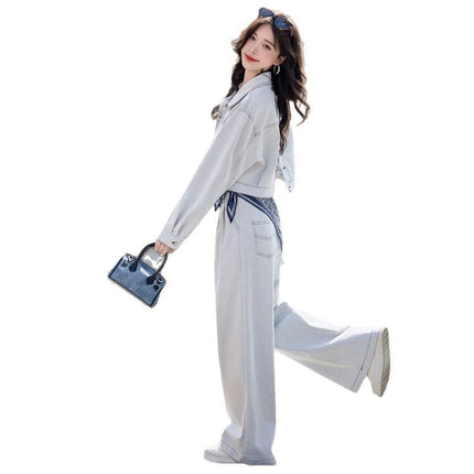 Super Fire Denim suit Women's 2025 Spring New Fashion Western Style Set of Small Wide Leg Pants Two-piece Set