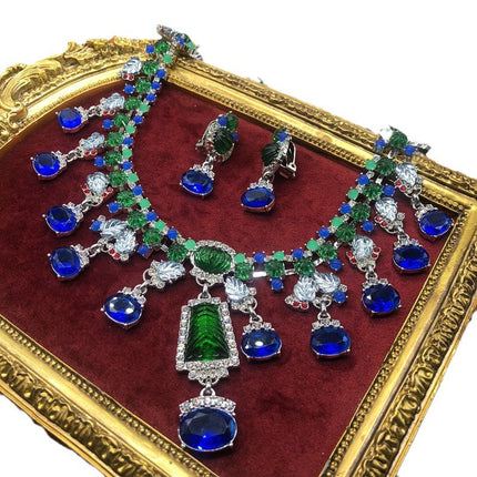 Western mid-ancient heavy industry blue rhinestone gem chain necklace earrings suit high-end exaggerated high-grade clavicle chain