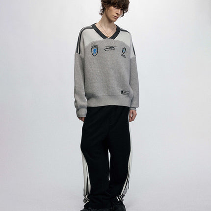 # OVDY Fall/Winter New Sweater Men's Looser Hand Brush Silk Screen Jacquard Street Tide Rovers V-Neck Knitted Shirt