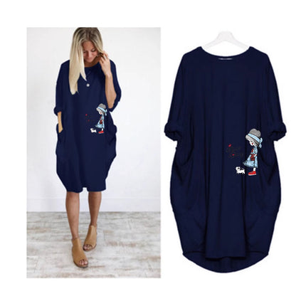 Factory direct sale wish AliExpress foreign trade women's casual loose pocket long sleeve plus size fat sister dress