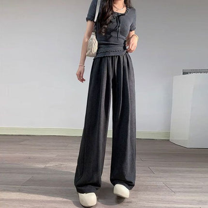 Plus-Size Textured Wide-Leg Pants for Women, Summer High-Waisted Drapey Loose Casual Straight-Leg Pants