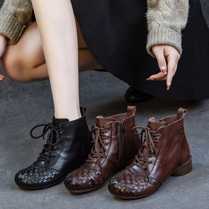 Genuine Leather Boots 2025 Autumn and Winter New Thick Heel Soft Sole Top Layer Soft Cowhide Women's Boots Retro Polished Woven Single Boots