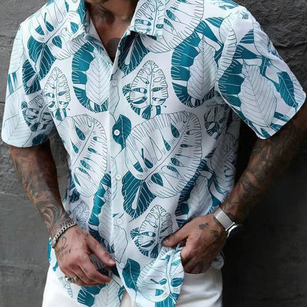 Men's Short-sleeved Shirt Men's Blue and White Turtle Bamboo Hawaiian Vacation Men's Shirt Summer 2025 New Cross-border