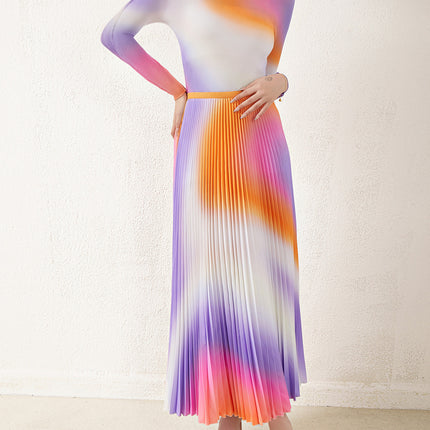 Miyake Style Women's Fashion Two-Piece Set, European Hot-Selling Gradient Age-Reducing Stylish Long-Sleeve Top and Skirt Set