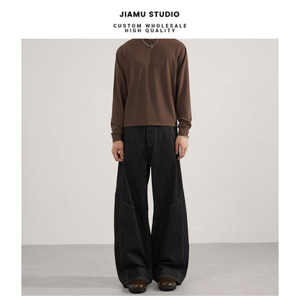 Jiamu Original Cow Stitching American Retro Baggy Jeans Jeans for Men and Women Straight Wide Legs Loose and Neutral