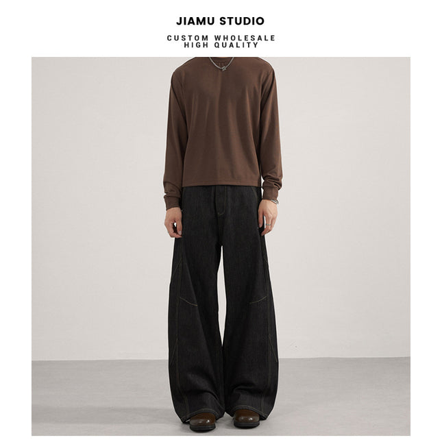 Jiamu Original Cow Stitching American Retro Baggy Jeans Jeans for Men and Women Straight Wide Legs Loose and Neutral
