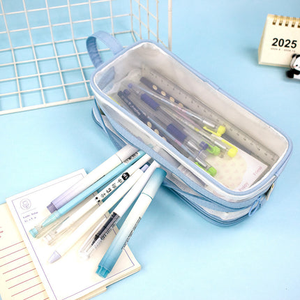 Double-layer Transparent Mesh Pencil Case Simple Multi-layer Portable Pencil Case Large Capacity Student Examination Stationery Storage Bag