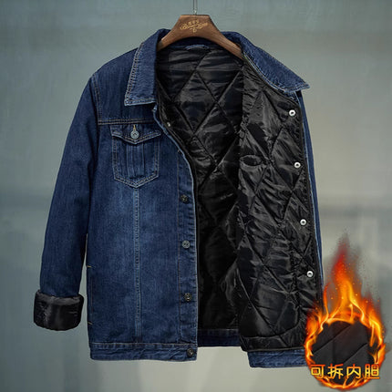 Fertilized Extra Large Denim Coat fleece-lined Thickened plus size Men's Winter Jacket Warm Quilted Real Fake Two-piece Top