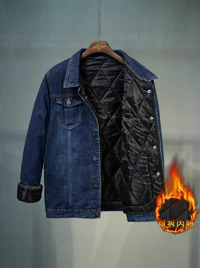 Fertilized Extra Large Denim Coat fleece-lined Thickened plus size Men's Winter Jacket Warm Quilted Real Fake Two-piece Top