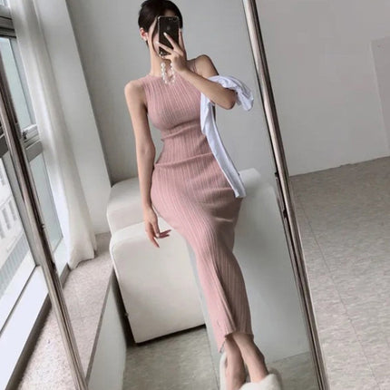 South Korea's Dongdaemun Elegant Slimming Look Feminine Pure Lust Style Sexy Figure-Showing Knitted Sleeveless Dress for Women