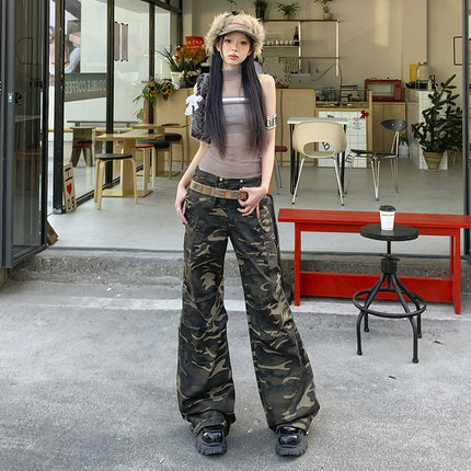 American Retro Camouflage Claw Pants Women's 2025 Spring New High Waist Drawstring Design Straight Dipping Casual Pants