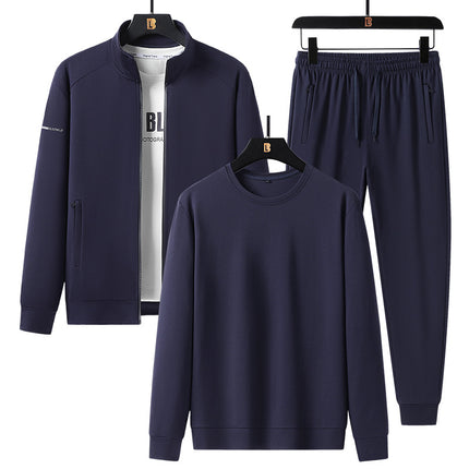 Spring and Autumn New Tencel Roman Men's Cardigan Stand Collar Sports Suit Youth Casual Warm Three-Piece Sports Suit