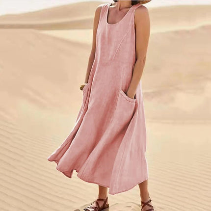 New Product in Stock Wish Aliexpress Amazon Independent Station Sleeveless Plus Flap Pocket Pants Pure Color Cotton and Linen Midi Dress