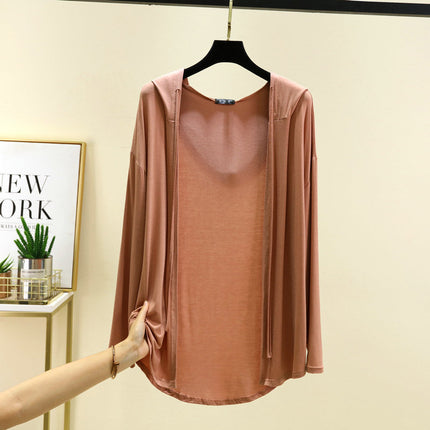 Modal Hooded Cardigan Women's Summer 2025 Thin Long-sleeved Air-conditioning Shirt Loose Sun-protective Clothing Solid Color Top Jacket
