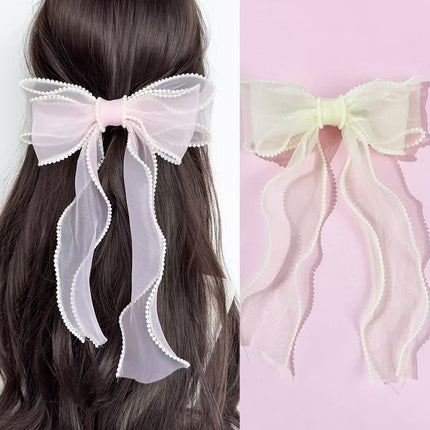 Fashion Mesh Pearl Bow Hairpin Women's Braided Hairpin Pearl Long Ribbon Hairpin Girls' Hair Accessories