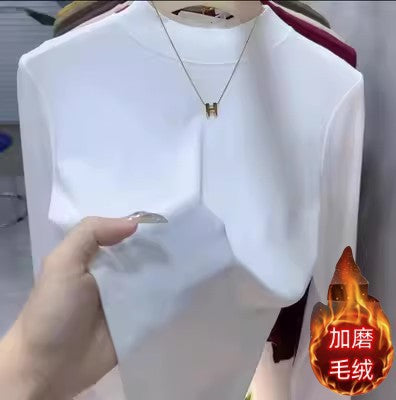 2025 Autumn and Winter New Style Plus Brushed Inner Small Stand-Up Collar Pure Color Simple Versatile Slimming Look Half Turtleneck Bottoming T-Shirt for Women