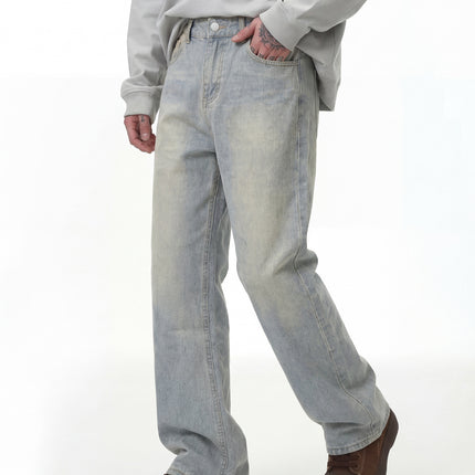 RDT Men's Wear | cleanfit Washed Old Vintage Ice Blue Cream Falling Cat Must Scratch Slight Jeans Men