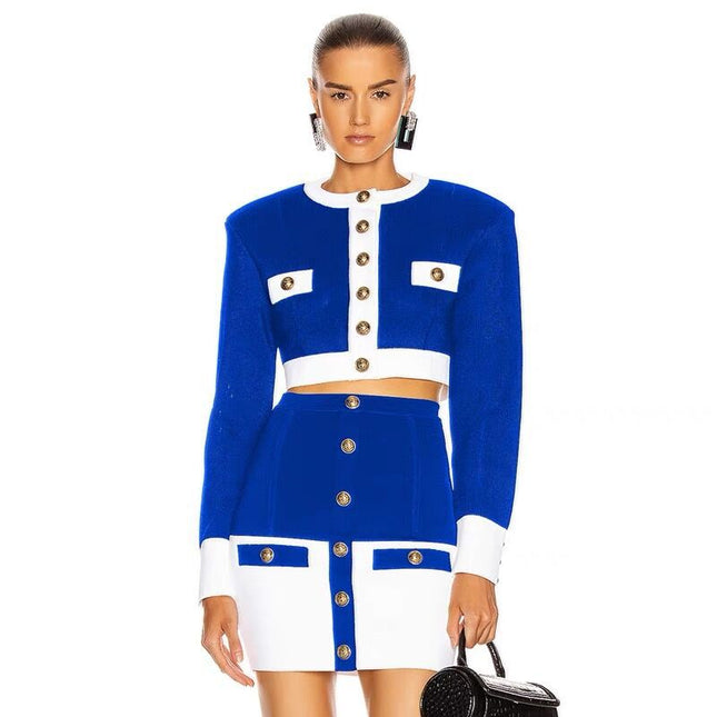 Cross-border 2020 Europe and the United States new temperament black and white color matching breasted cardigan A- line skirt suit factory wholesale 4 colors