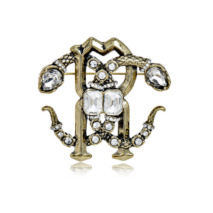 Niche Antique Double Snake Crystal Brooch for Women, Vintage Jewelry with a Light Luxury Design, Palace-Style Crystal Zodiac Double Snake Brooch
