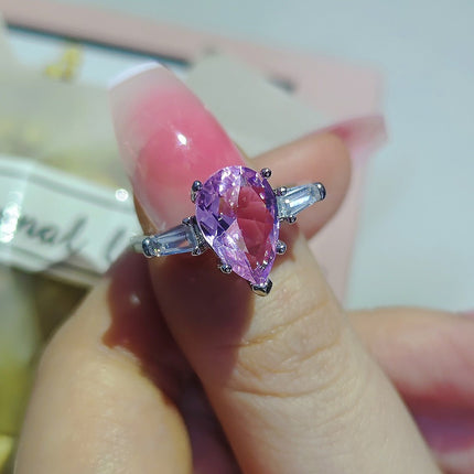Back-To-School Season New Simple Pink Water Drop Pear-Shaped Zircon Ring Female Banquet Wedding Classic F1559